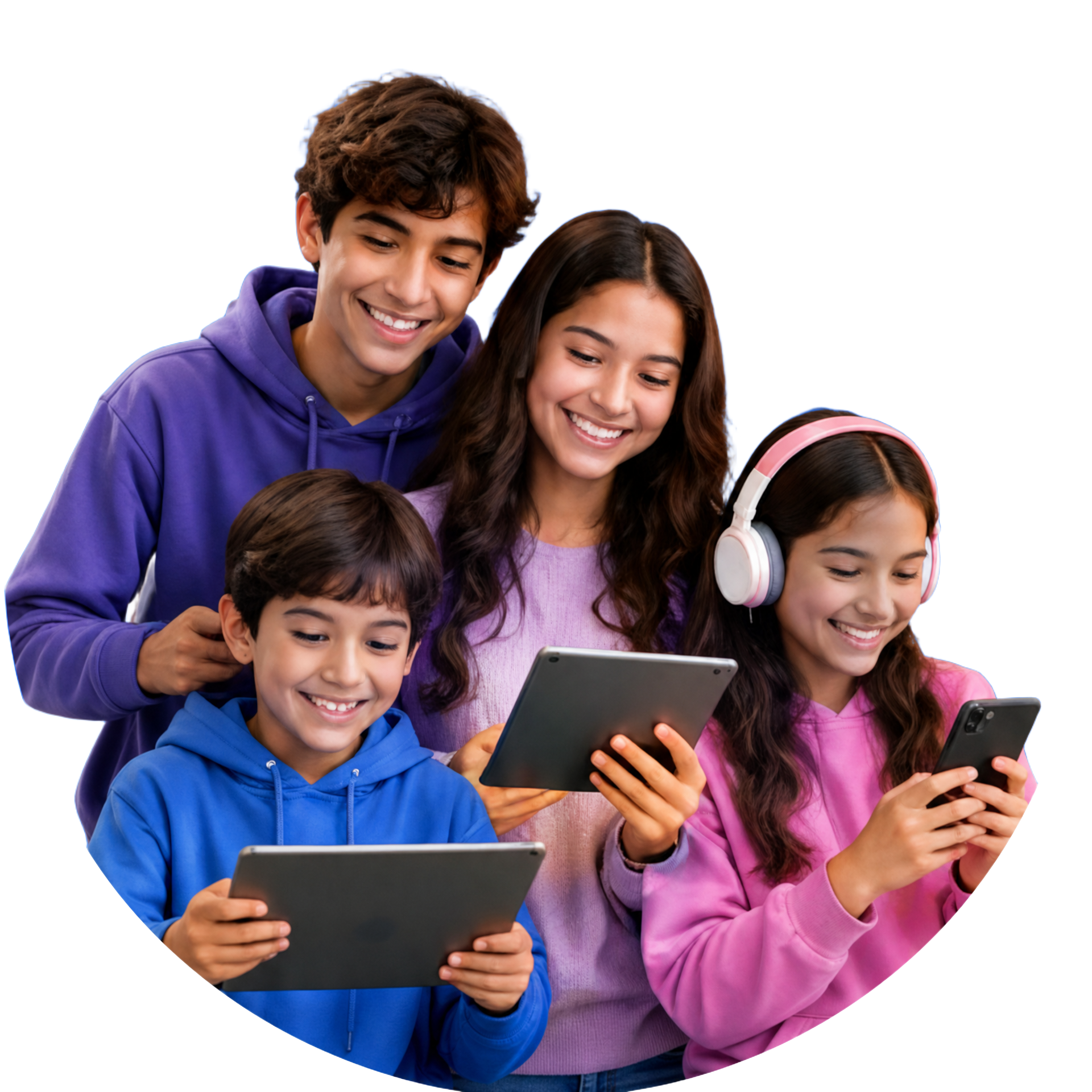 Kids and teens using devices together