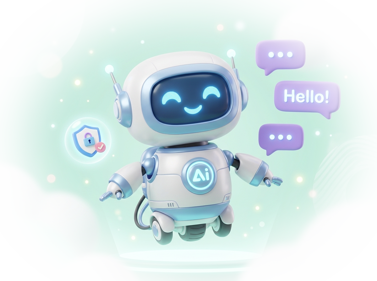 Safe AI chatbot 3D illustration with friendly robot companion and chat bubbles