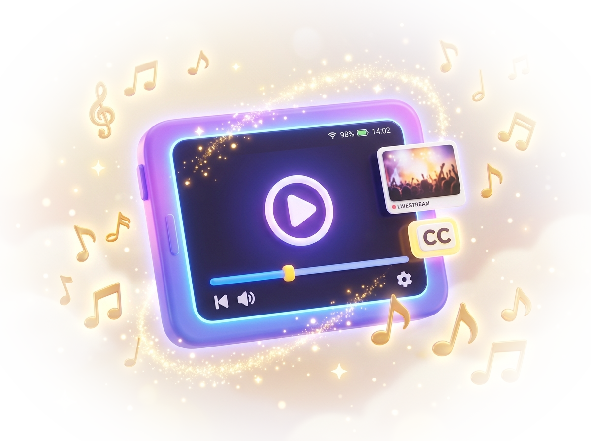 Safe media 3D illustration with music notes, tablet player and streaming cards