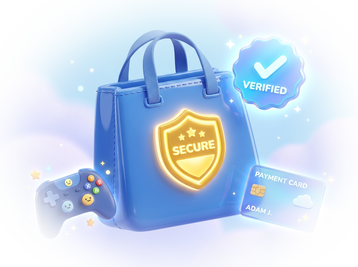 Safe retail shop 3D illustration with secure shopping bag, verified payment card and games