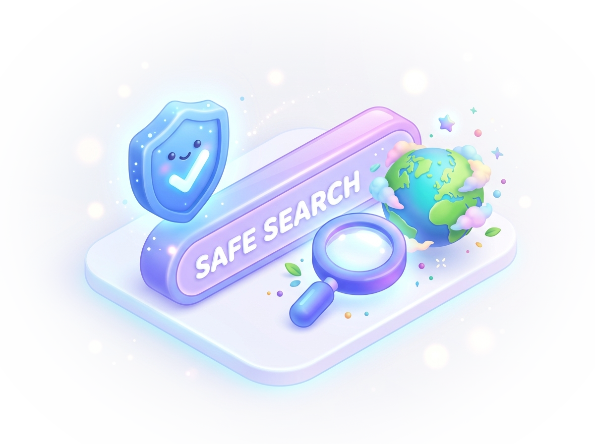 Safe search engine 3D illustration with search bar, globe and shield