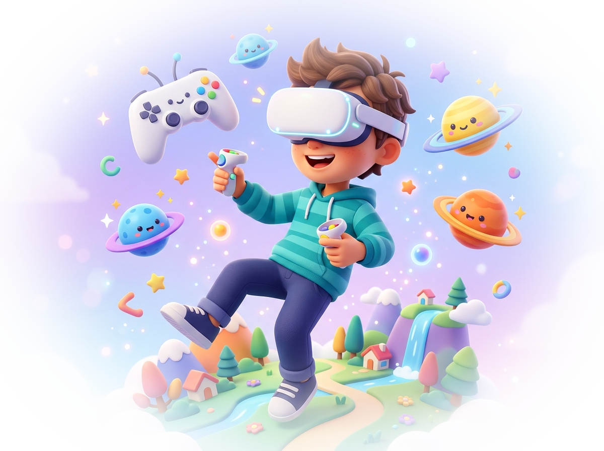 Safe VR world 3D illustration with kid wearing headset, floating planets and games