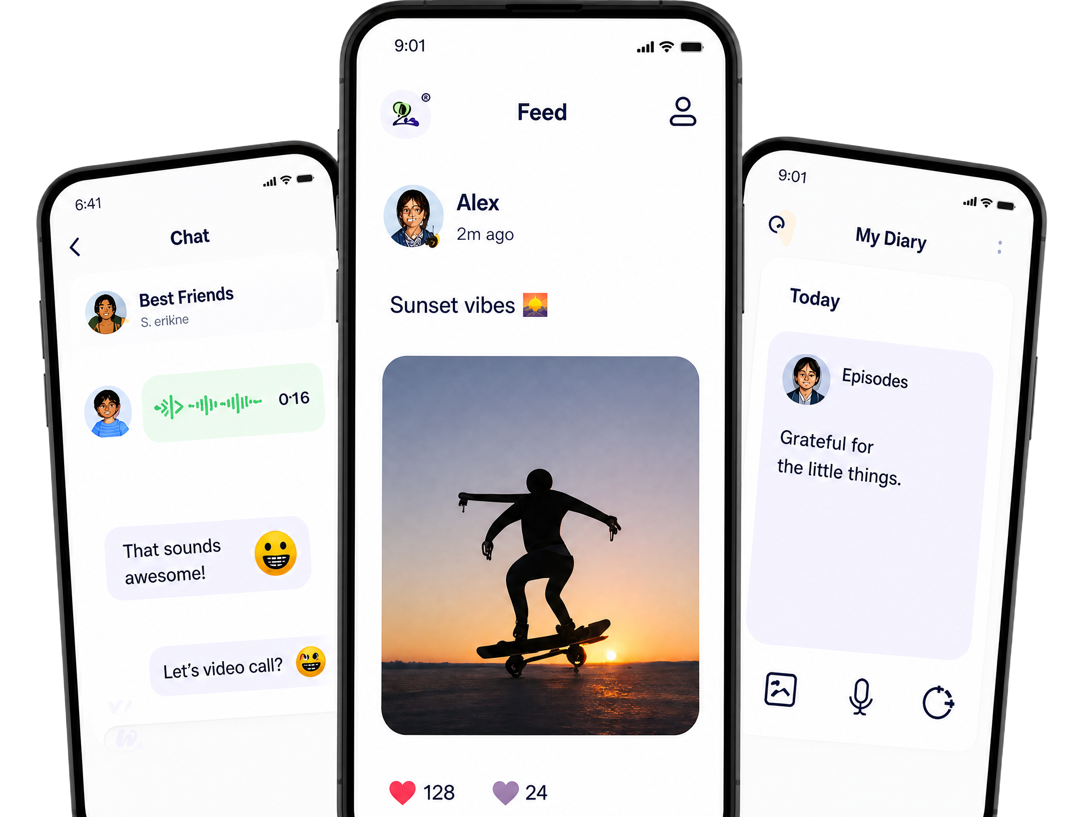 Zootom Teens interface showing Chat, Feed with photo sharing, and private Digital Diary